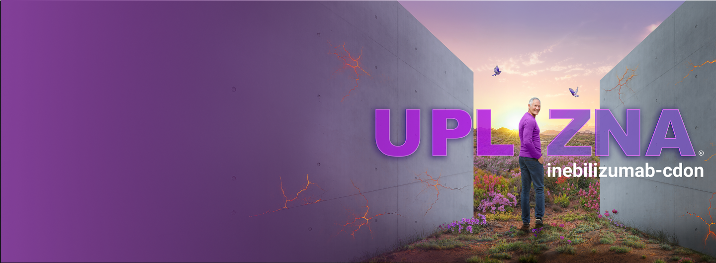 Male UPLIZNA® (inebilizumab-cdon) adult patient with immunoglobulin G4-related disease (IgG4-RD) standing in a garden.